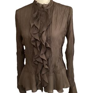 Vintage Allison Taylor‎ Brown Semi Sheer Ruffle Button Crinkle Blouse Medium